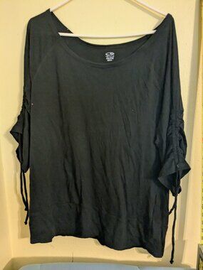 Black shirt with drawstring sleeves.